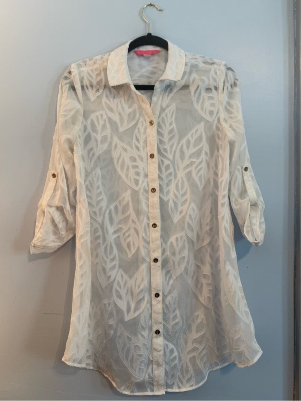 Lilly Pulitzer "Winsley" Top White Sheer Leaf Print Tunic Size XS EUC Beach